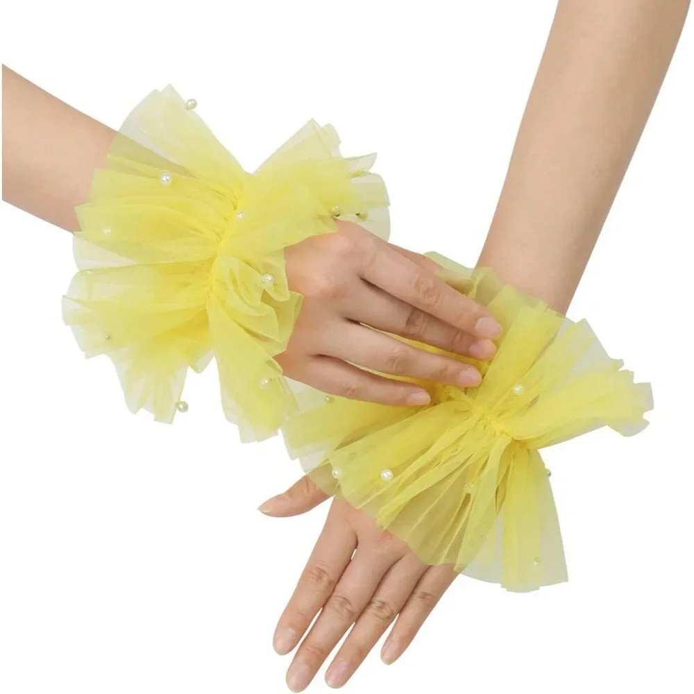 Women's Fingerless Yellow Tulle Pearl Short Lace Gloves Hallowmas Accessory